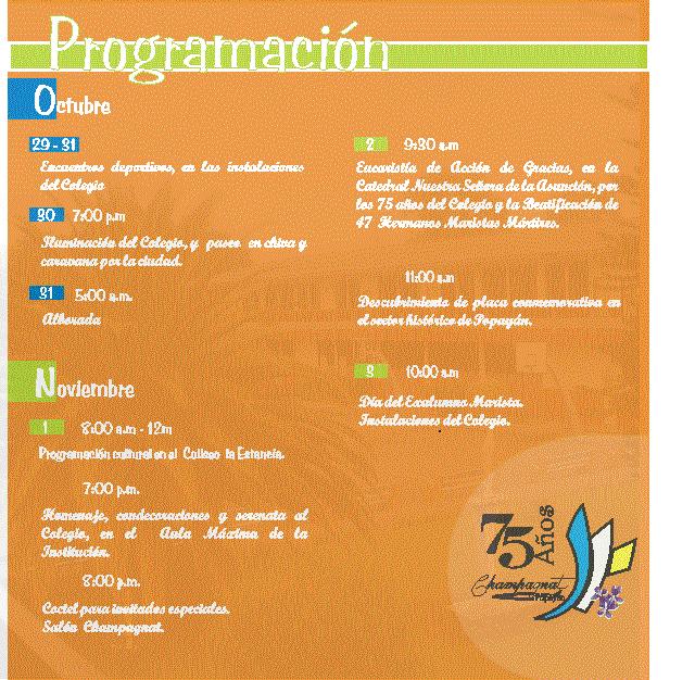 Programación 75 años del Champagnat de Popayán-2007